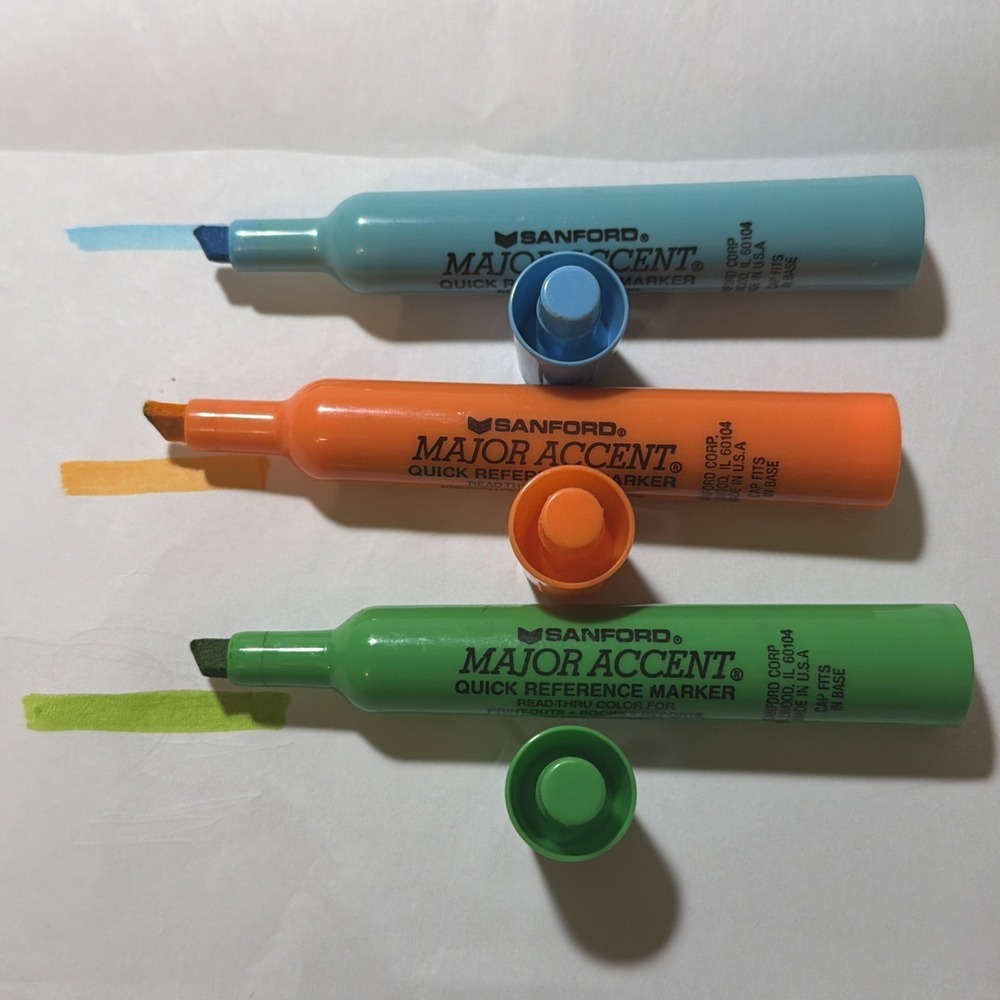 Vintage Sanford Major Accent Highlighters Set Broad Point Dk Blue Lt Blue Orange